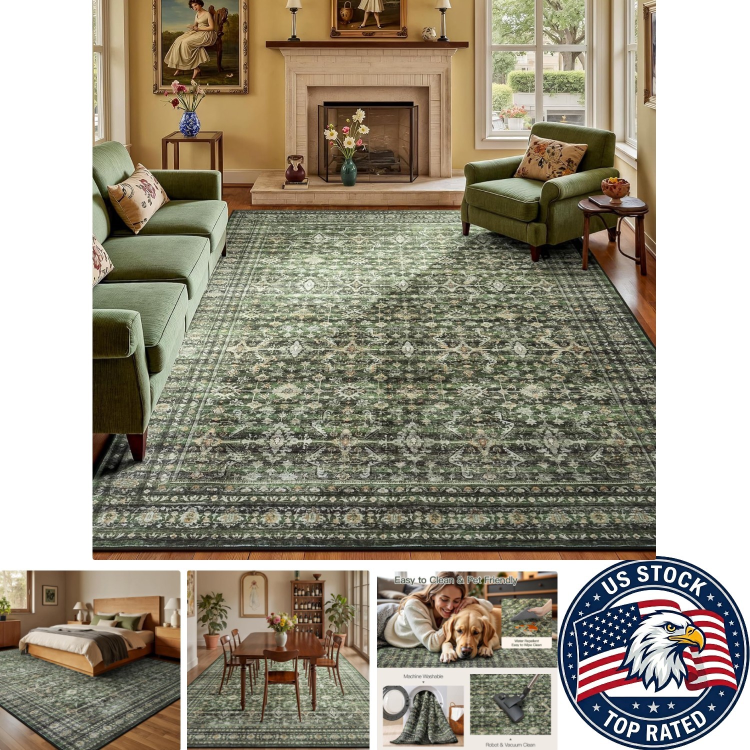Chic 8×10 Green Boho Area Rug – Durable Low Pile Vintage Design for Living Room