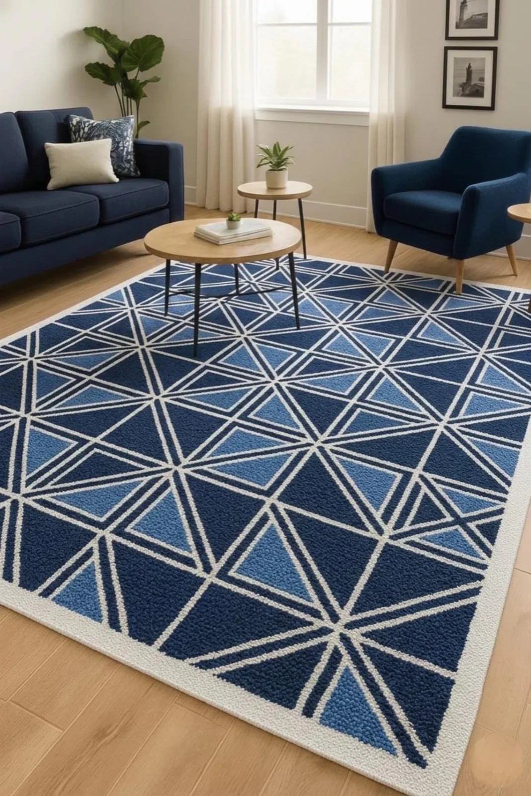 Hand Tufted Blue Geometric Wool Rug, Modern Scandinavian Living Room Area Rug.