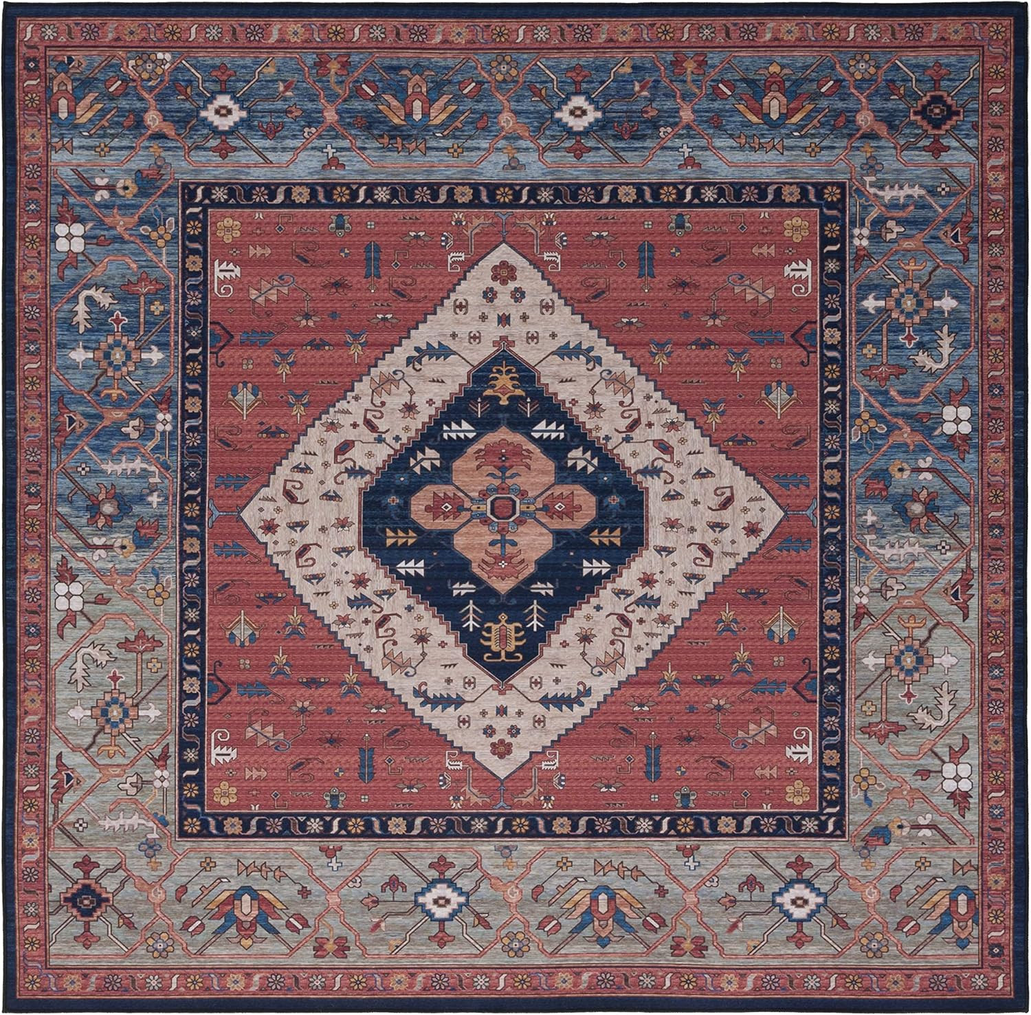 Tucson Washable 8′ Square Rug – Rust & Blue, Slip-Resistant Design