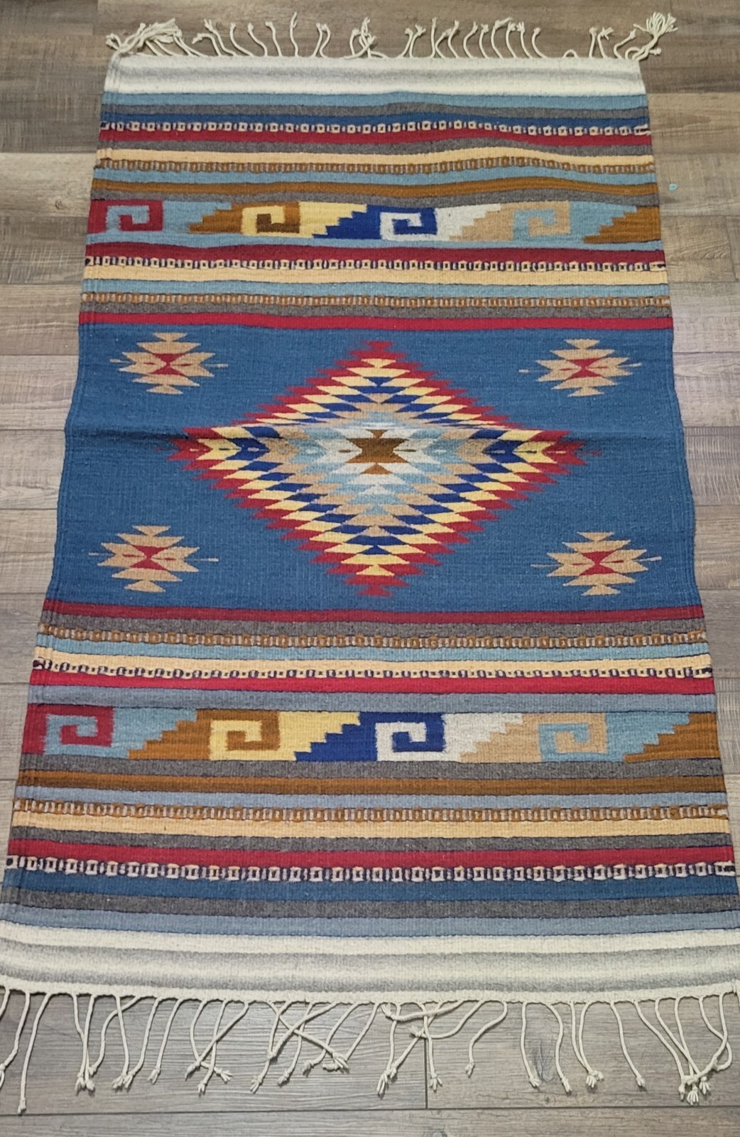 Vintage Native Aztek Design Woven Wool Rug 58″ x 32″ Beautiful
