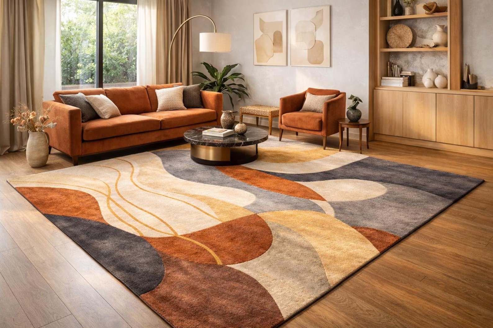 Hand-Tufted 8×10 Abstract Wool Rug, Beige Brown Grey Geometric Area Rug Carpet.