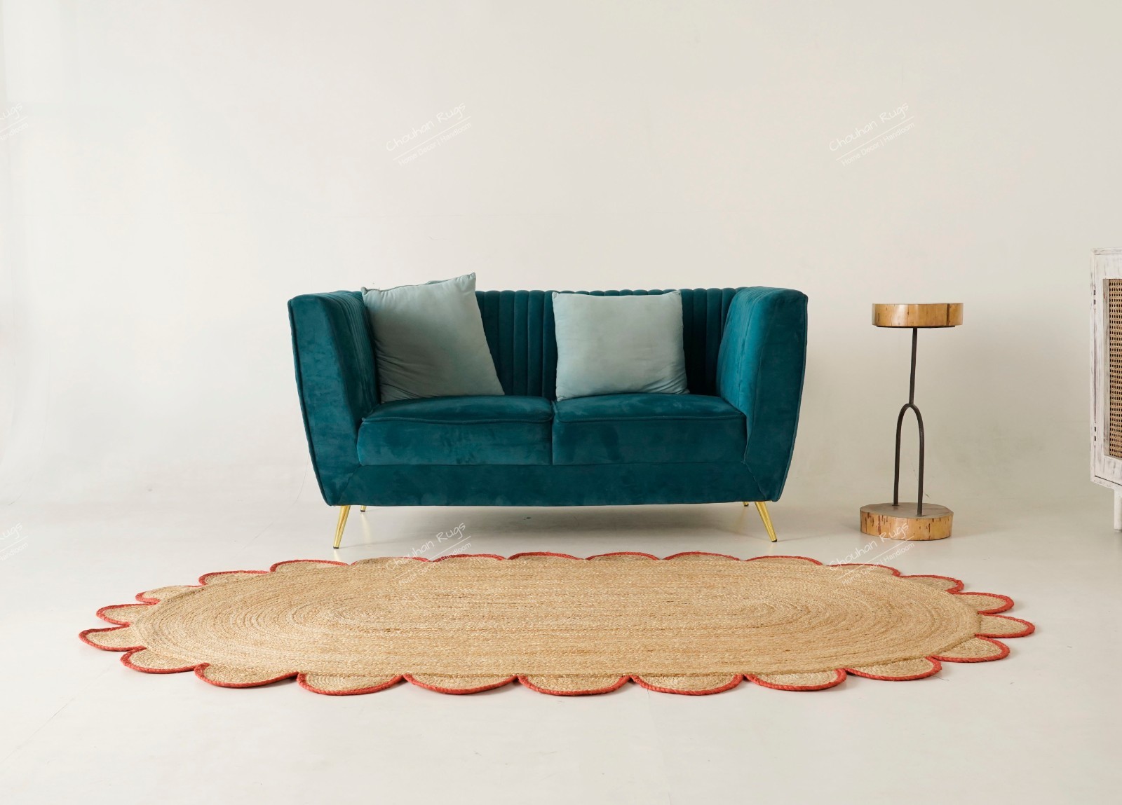 Handmade Natural Scalloped Jute rug with Red Border Vintage Jute area floor rugs