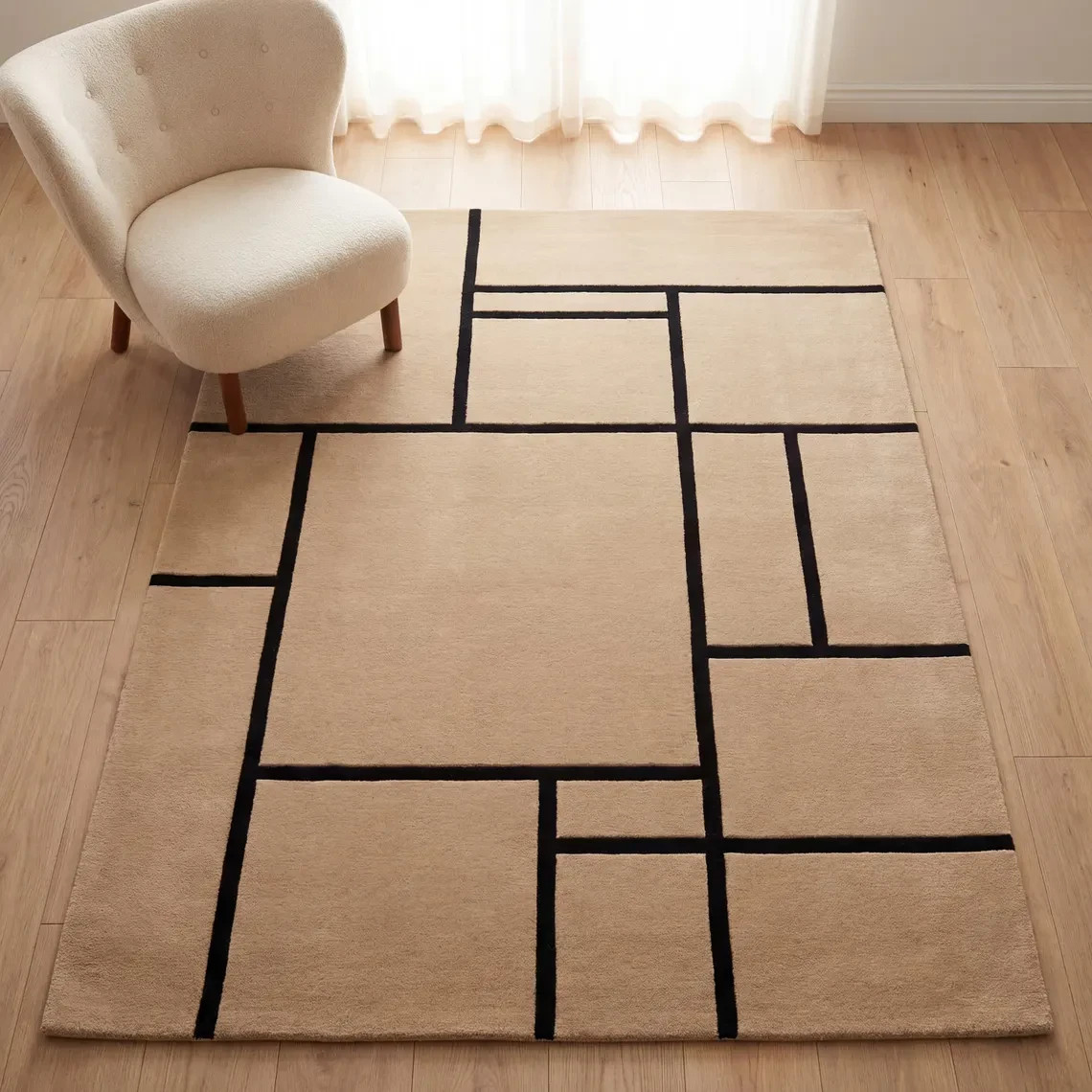 Beige Geometric Hand Tufted Wool Rug Modern Abstract Line Minimalist Area Rug