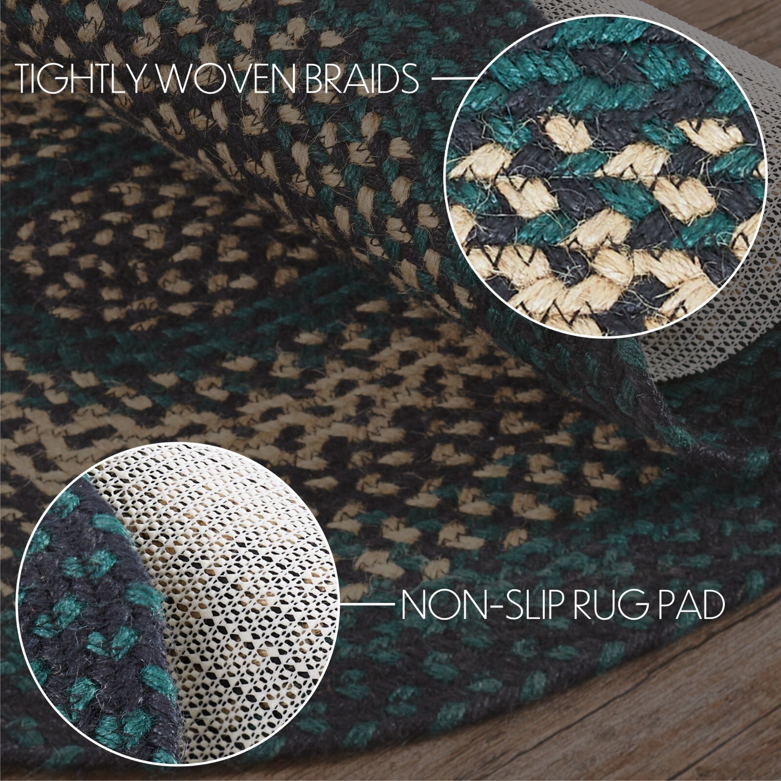 Eco-Friendly Oval Braided Rug Green Country Farmhouse w/ Nonslip Pad Pine Grove