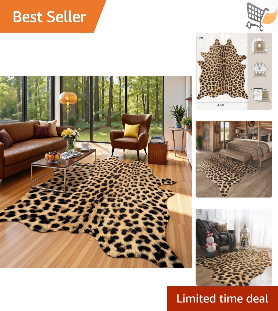 Leopard Print Rug Faux Fur 4.6×5.2 Feet Non-Slip Animal Pattern Home Decor