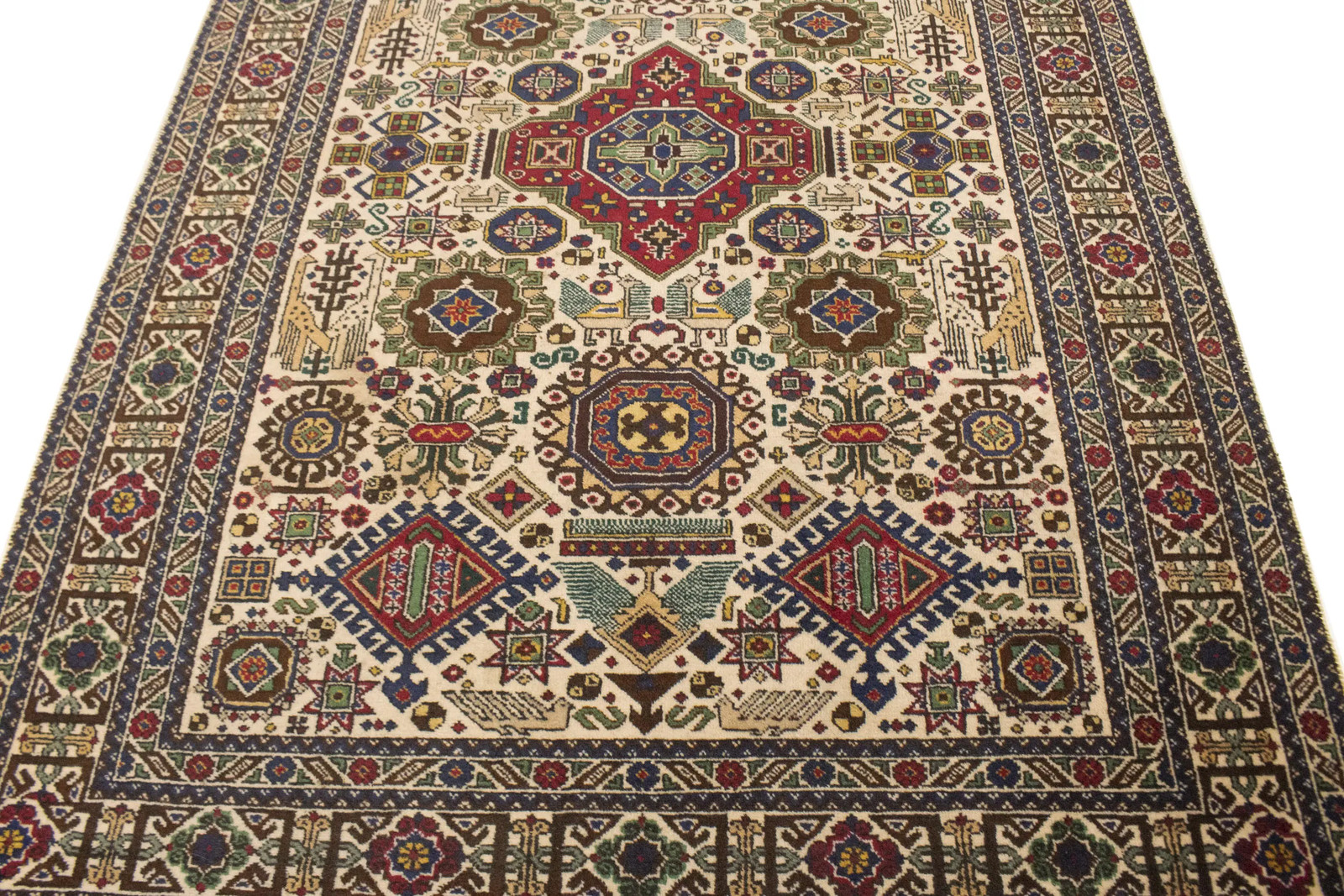 4’4X6’4 Antique Hand-Knotted Oriental Rug Cream Tribal Design Home Carpet