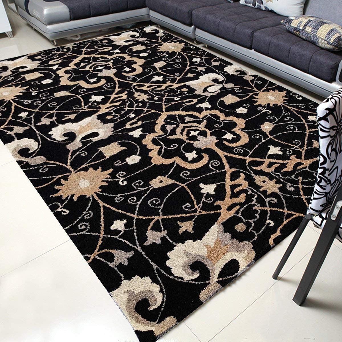 Black Hand Tufted Wool Rug 8×10 ft Handmade Living Room Bedroom Carpet Design