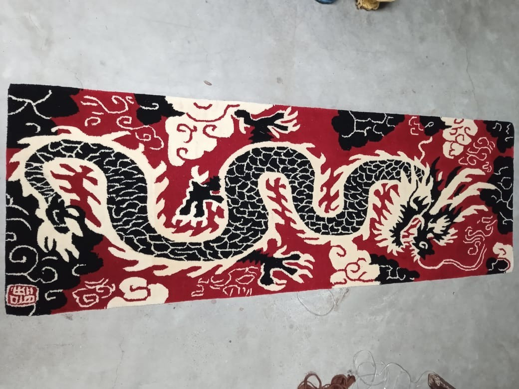 Hand Tufted Wool Dragon Runner Rug 2×6 Ft Red Black Off-White Tibetan Style