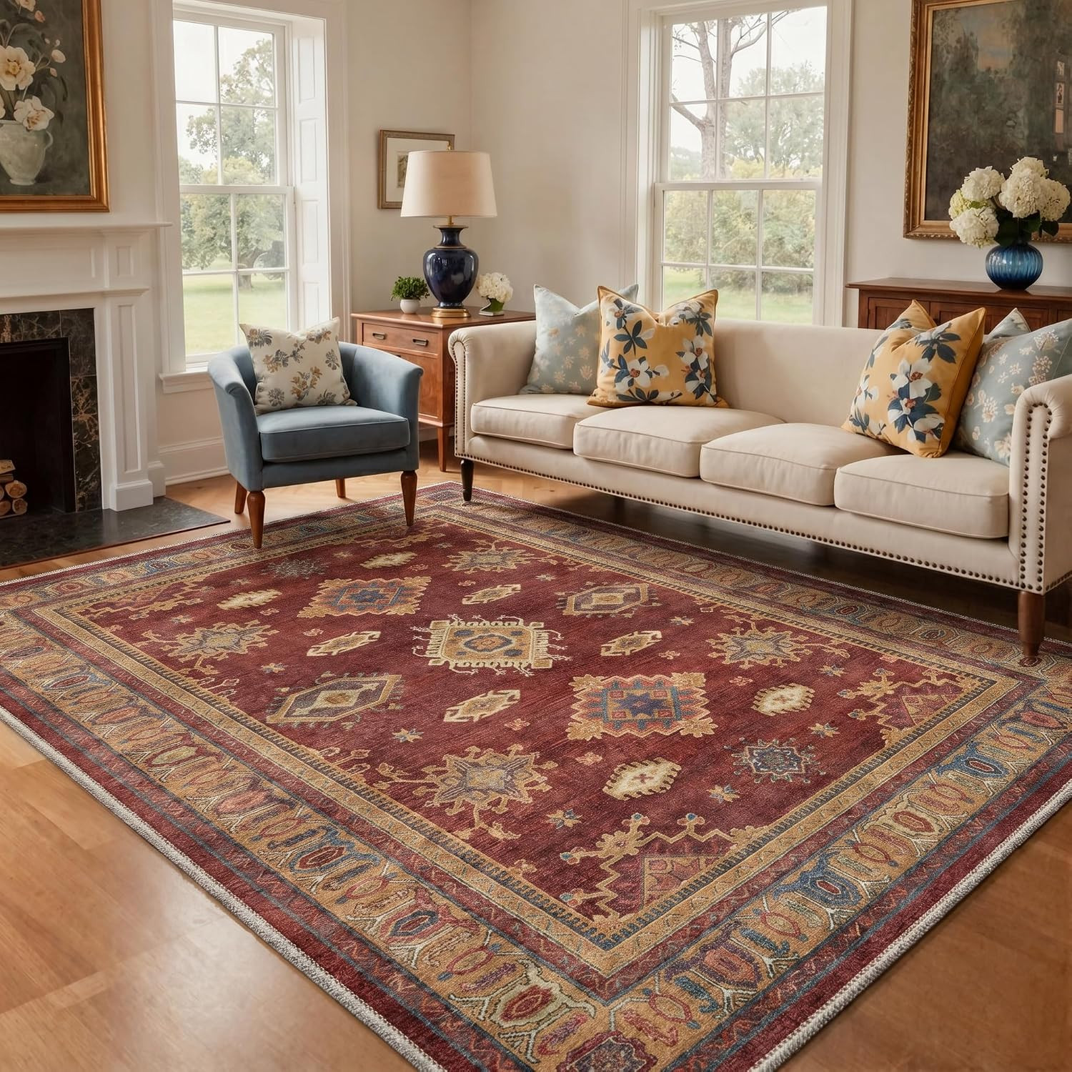 6X9 Washable Area Rugs for Living Room Bedroom Non Slip, Burgundy | Vintage Diam