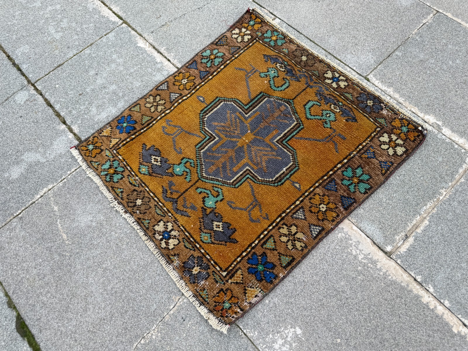 Vintage Oushak Rug 1.8×2 ft Mustard Yellow Turkish Boho Small Accent Rug