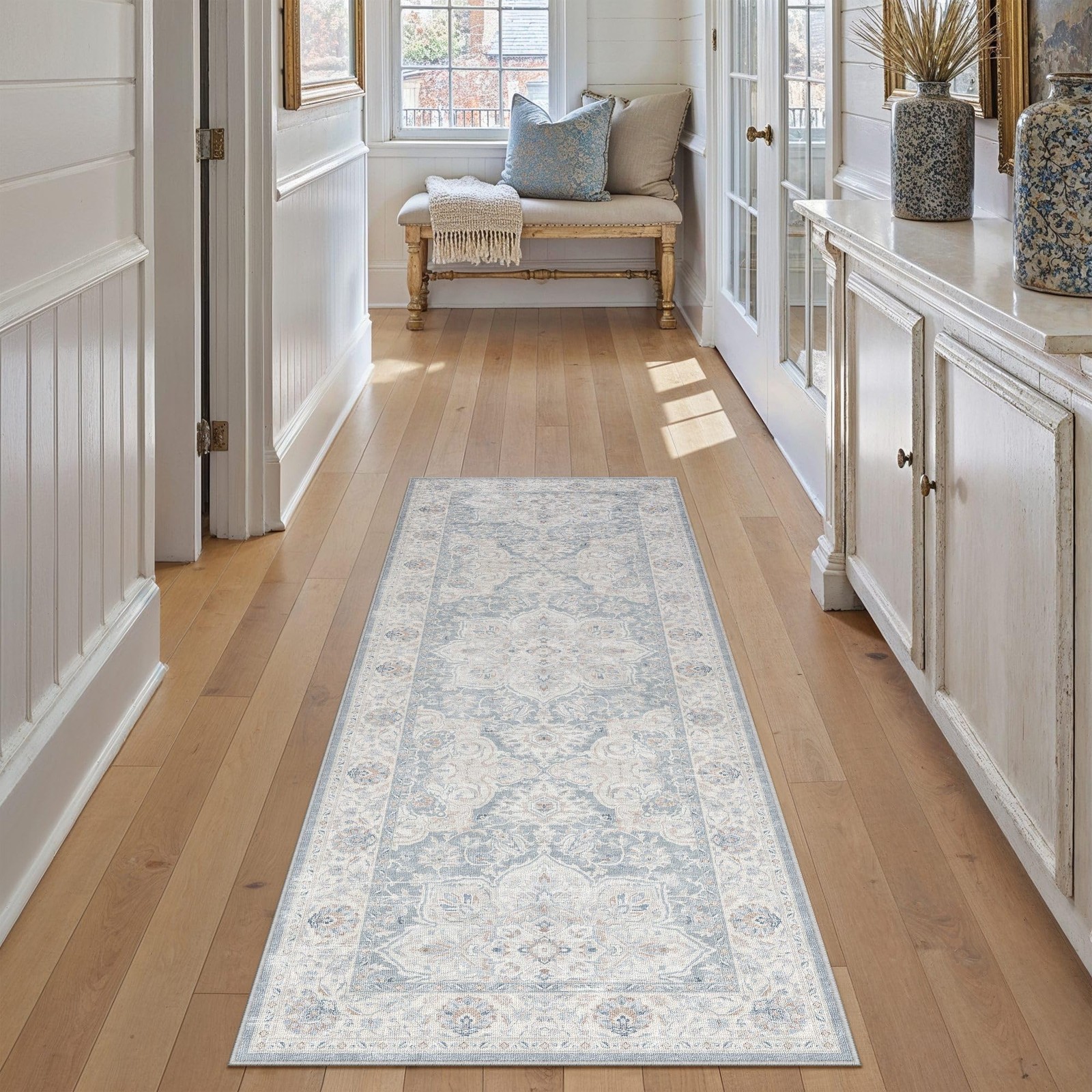 2×6 Runner Rug Washable Blue Hallway Bedroom Living Room Rug Vintage Soft Car…