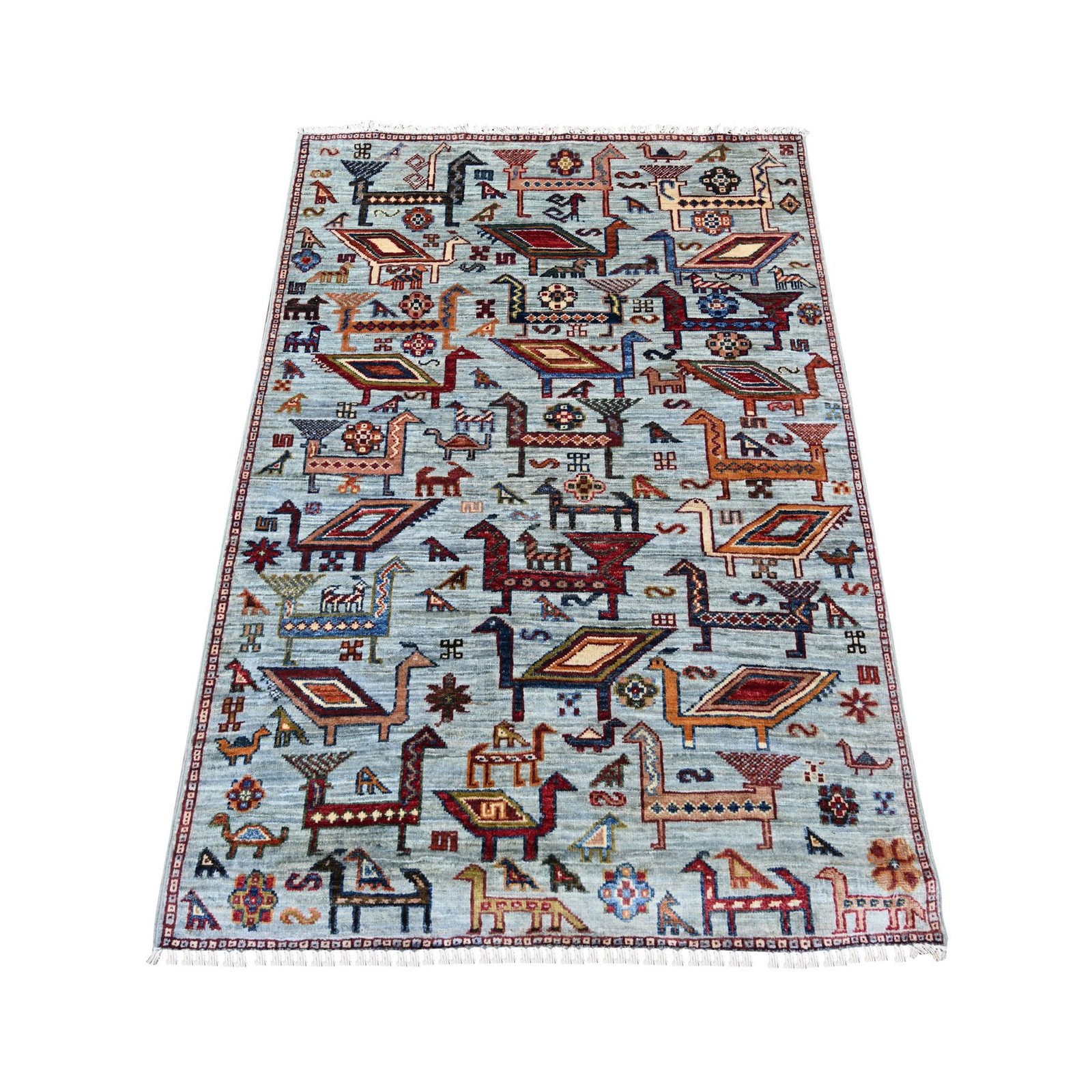 3’3″x4’9″ Gray Hand Knotted Sultani Ancient Bird Figurines Pure Wool Rug 21721