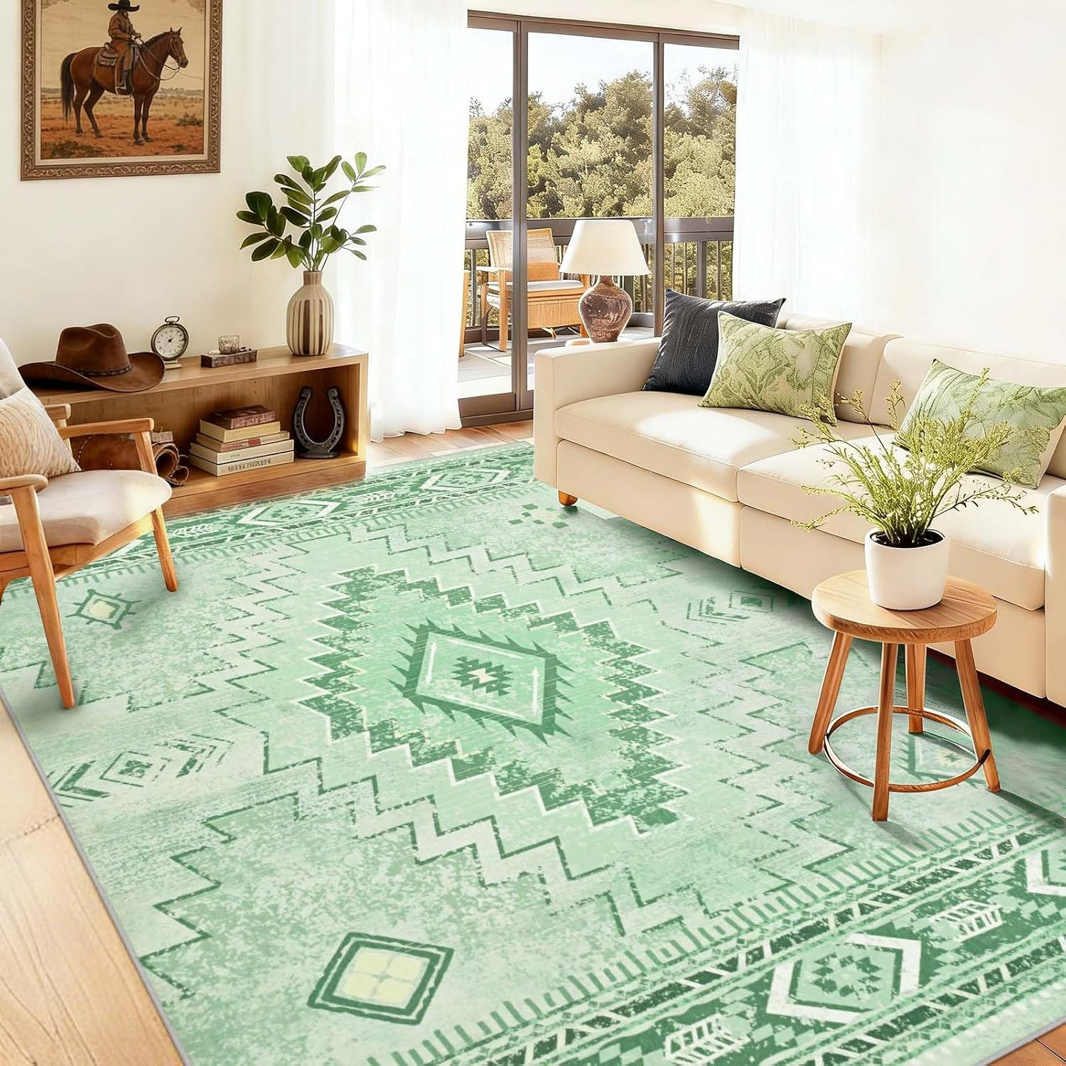 Western 5X7 Rug for Living Room, Vintage Geometric Area Rug Washable | Non Slip
