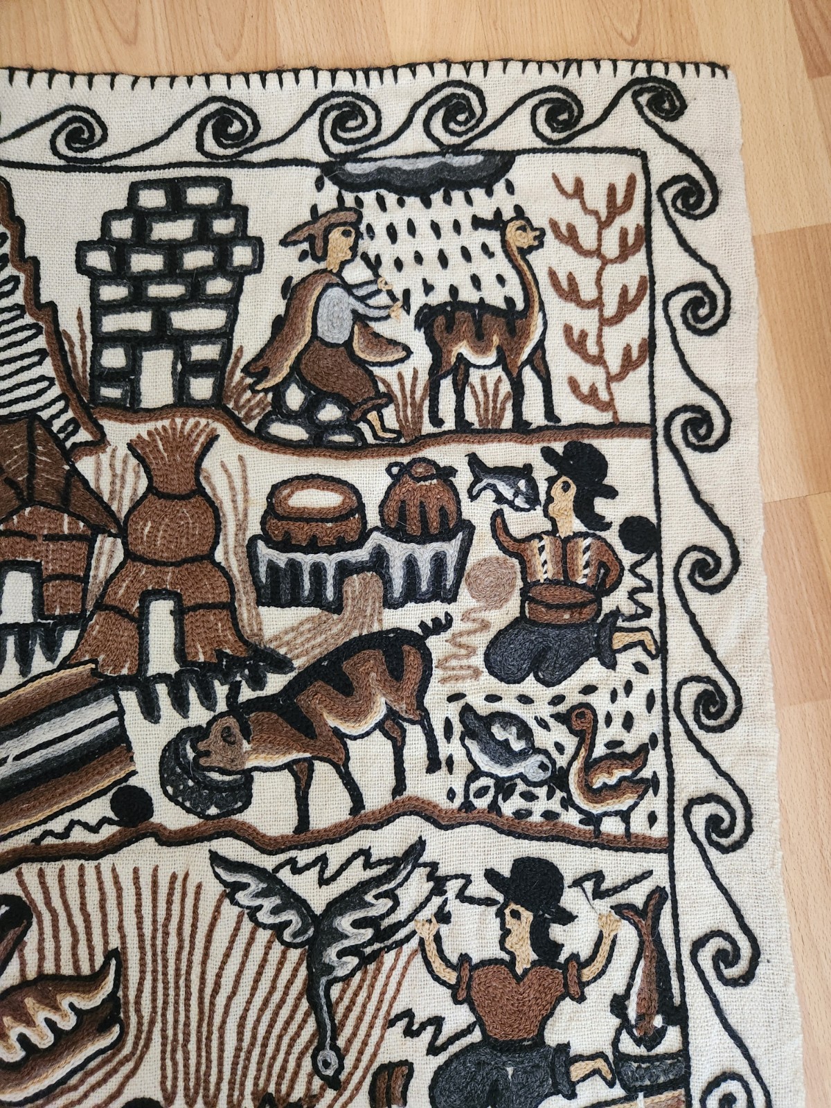 Vintage Peruvian Handwoven Wool Tapestry Wall Hanging Rug Andean Life Folk Art