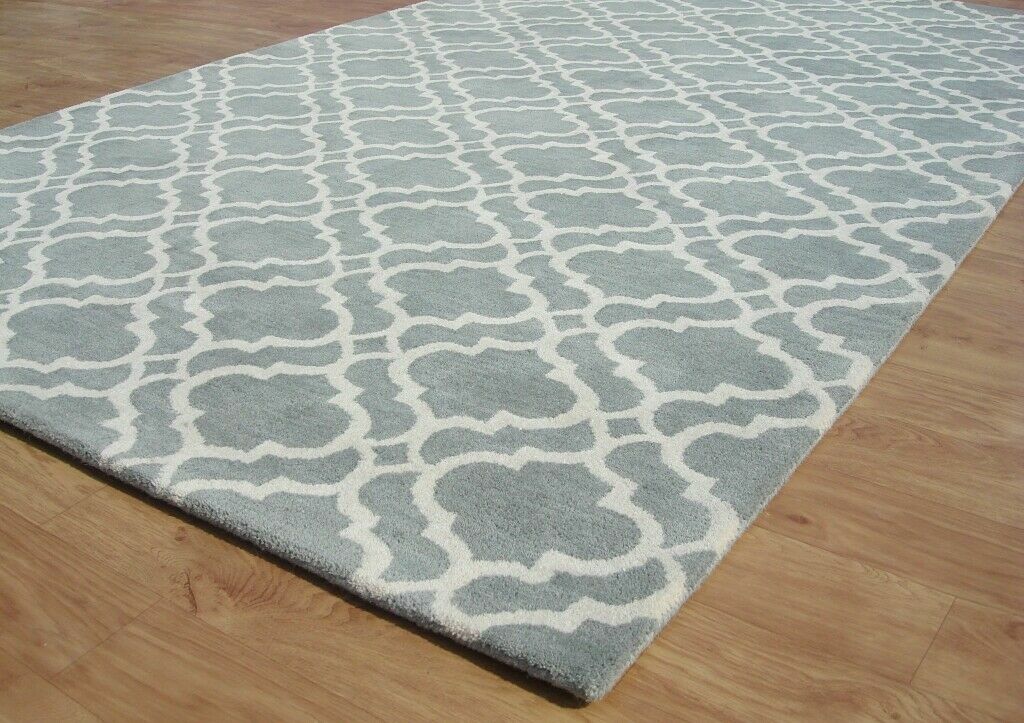 Ryana Scroll Tile Porcelain Blue Modern Hand-Tufted 100% Wool Area Rug Carpet