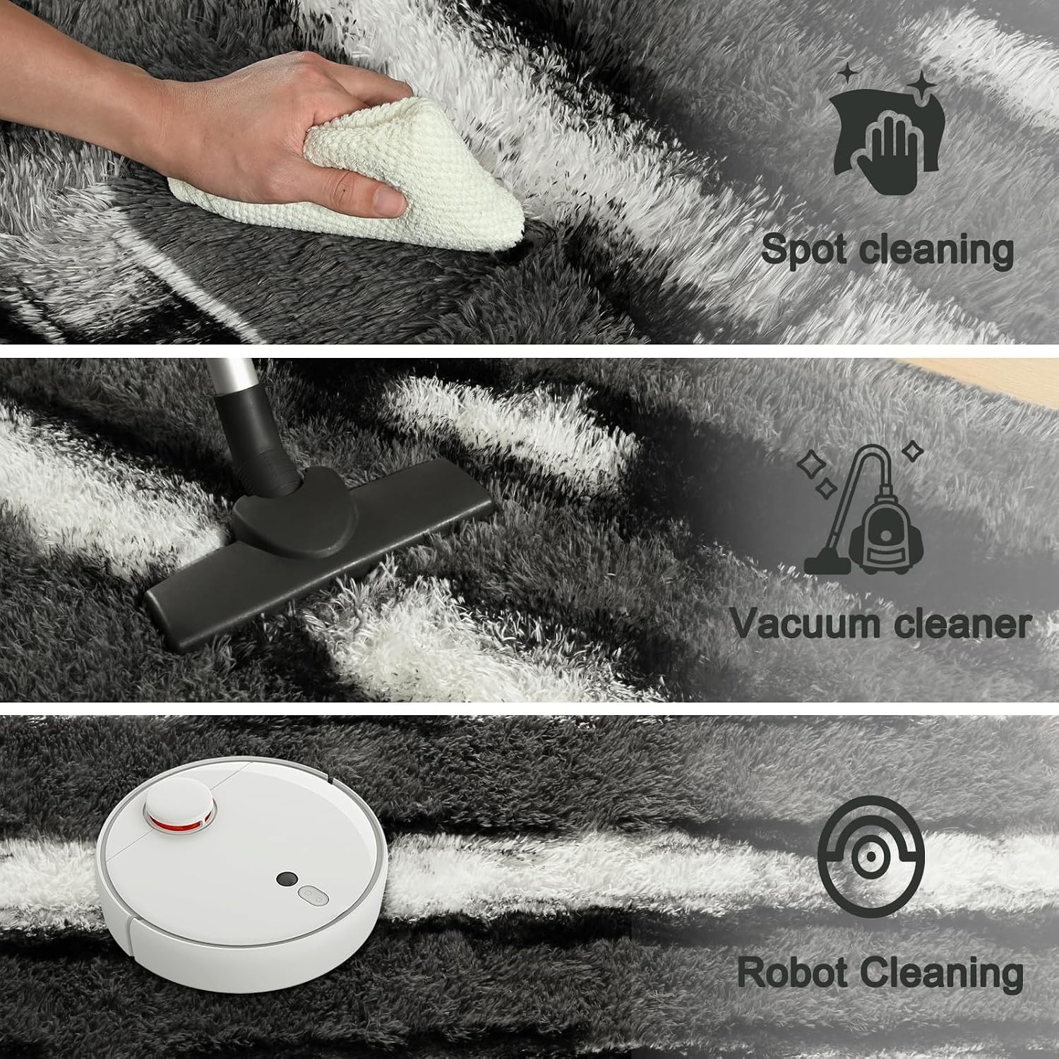Fluffy Area Rugs for Bedroom Living Room, 4X6 Black and Grey Soft Plush Striped