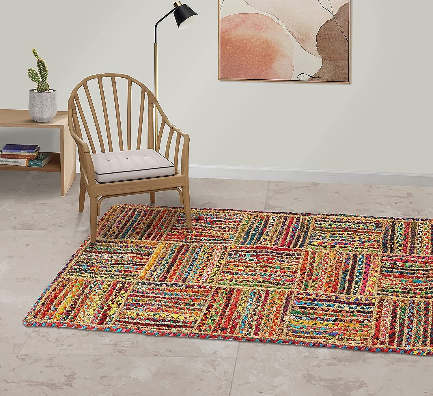 Jute and Chindi Braided Rug Mix Fabric Patchwork Looking Modern Area Rug Mat