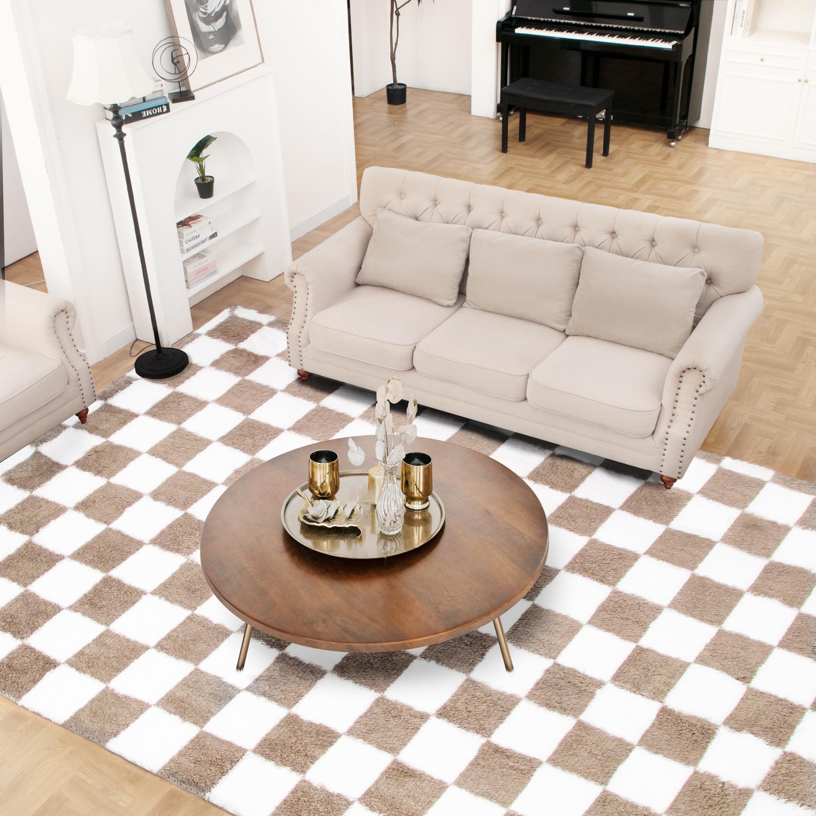 Super Soft Rug for Bedroom, 5×7 Ft Beige and White Area Rug Classic Checkered…