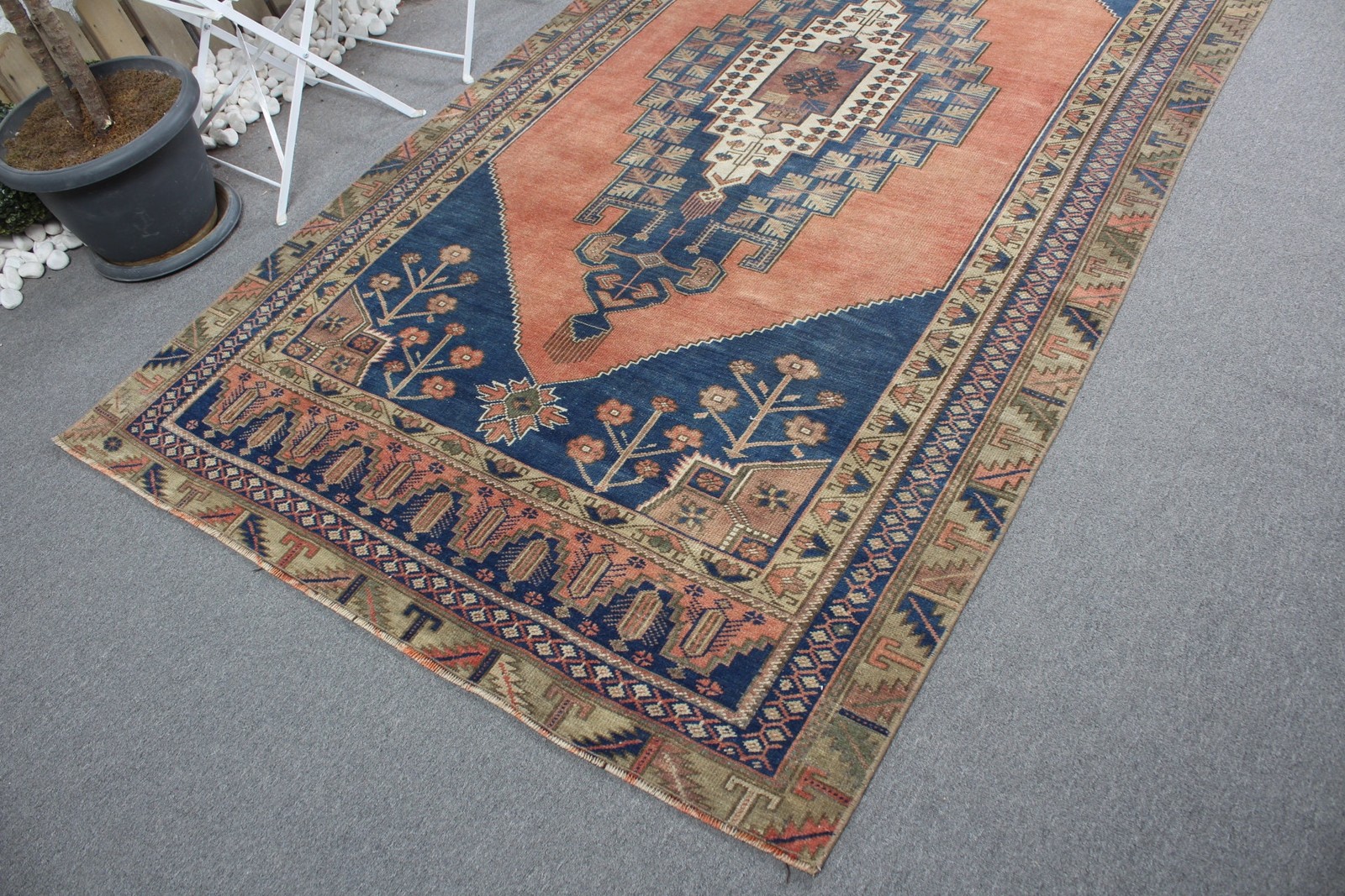 Turkish Vintage Rug, Large 4,9×9,6 ft (150×292 cm) Rug, Blue Oriental Wool Rug