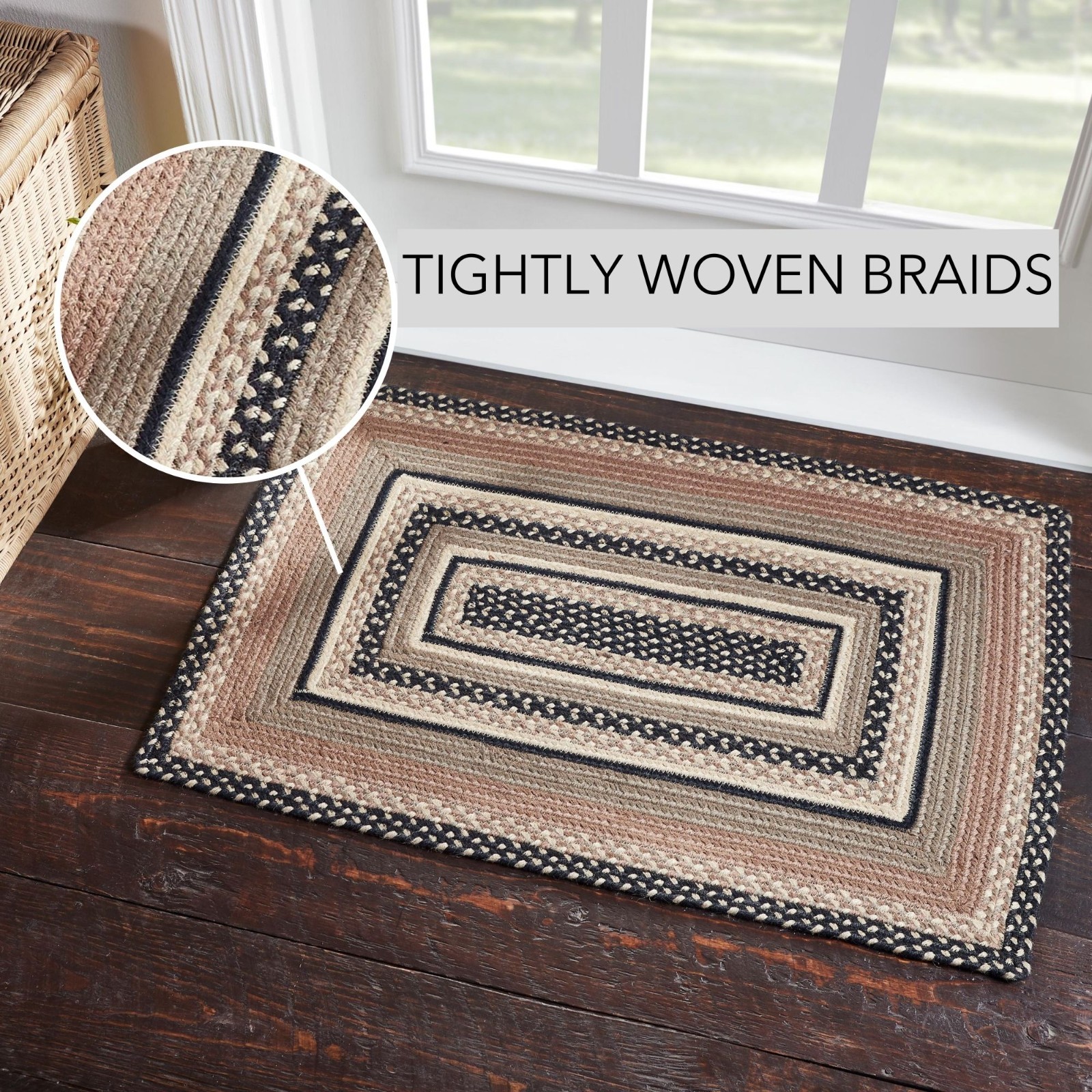 VHC Sawyer Mill Charcoal Creme Jute Farmhouse Country Rectangle Braided Rug