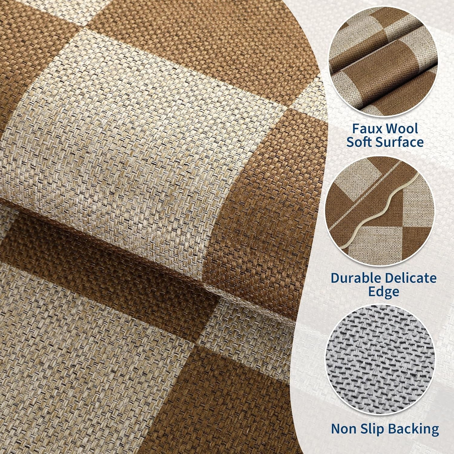 Scalloped Checkerboard Coffee Jute 2×6 in Runner Rug Washable Living Room Patio