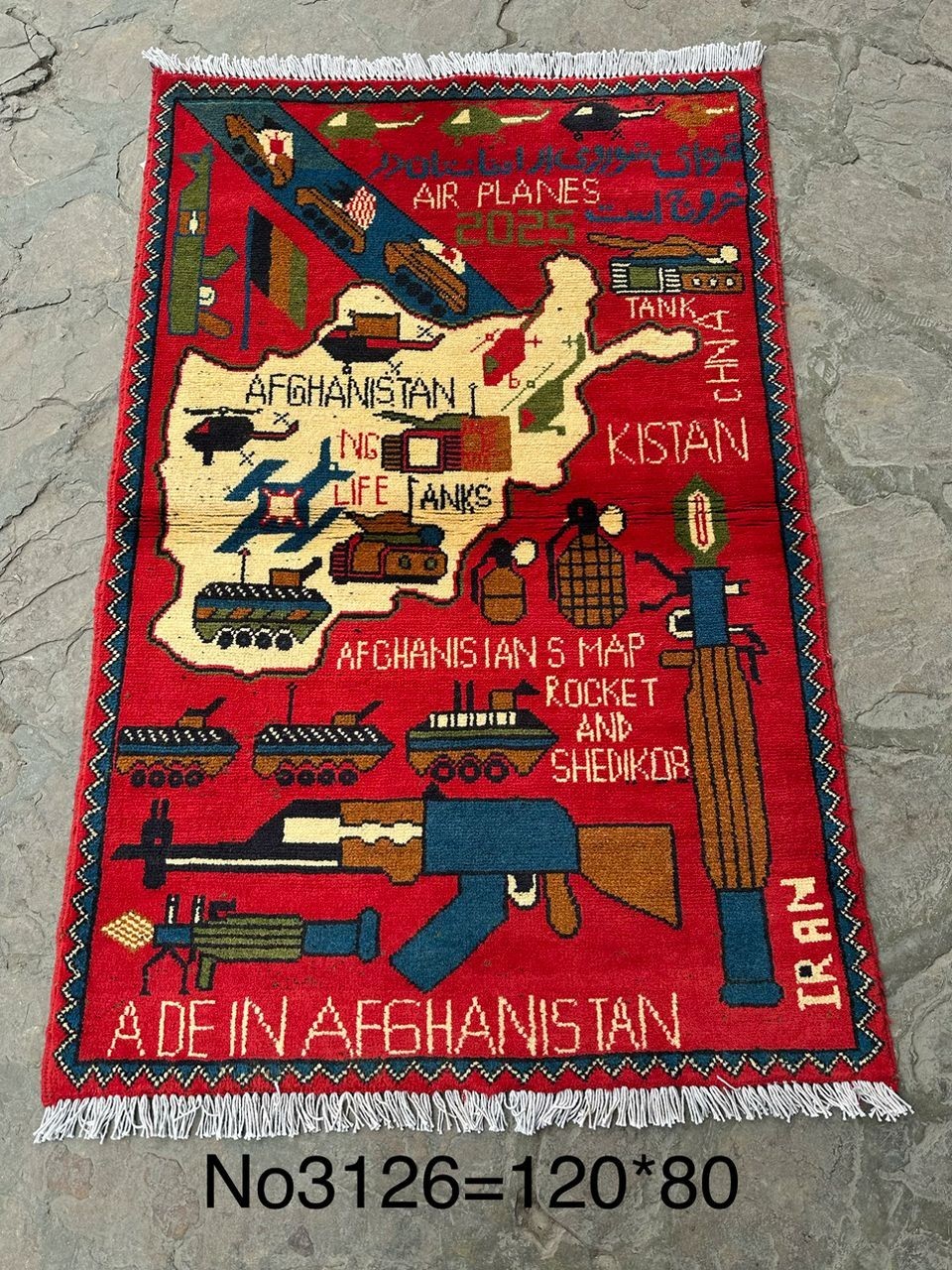 hand made afghan war rugs, 9/11, ussr, usa, afghanistan war field 2.5 x 4 feet
