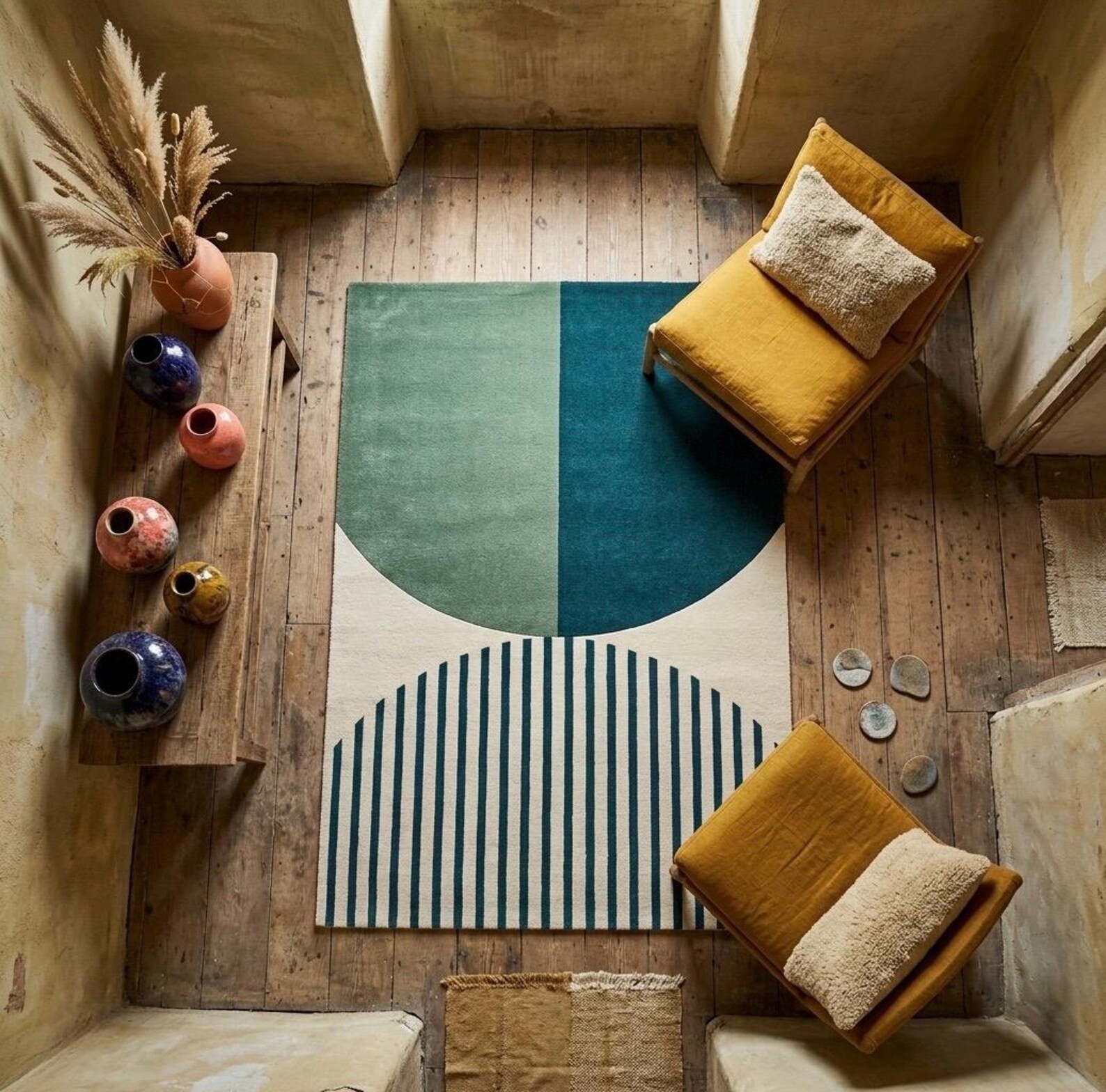 Geometric Hand-Tufted Wool Area Rug, Modern Abstract Striped Carpet, Minimalist