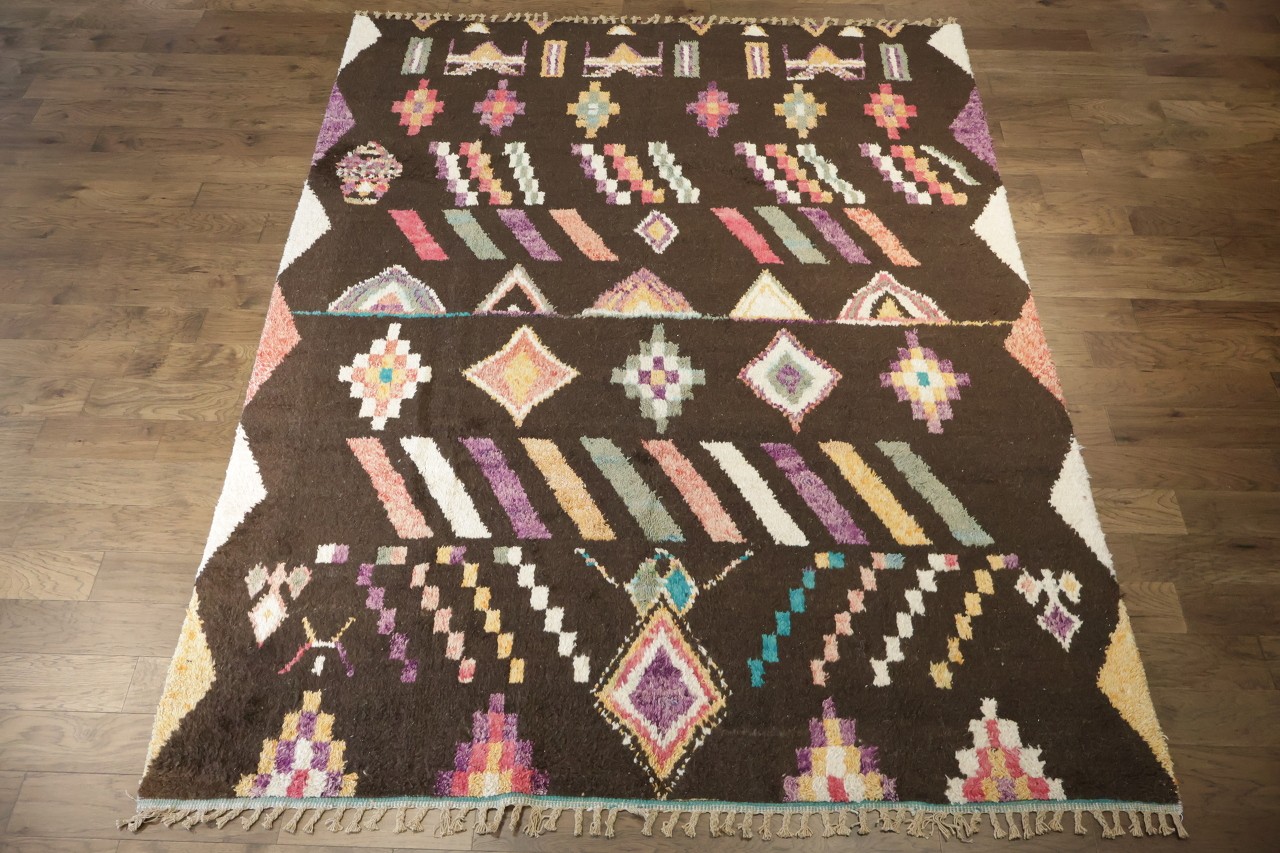Modern Moroccan Brown Geometric Bright Colors 9×12 Hand-Knotted Wool Area Rug