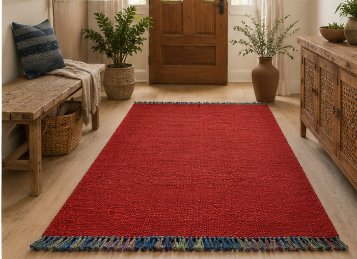 Hand Woven Jute Natural Red Rug Home Decor Carpet Boho Rug Modern Area Rug Mat