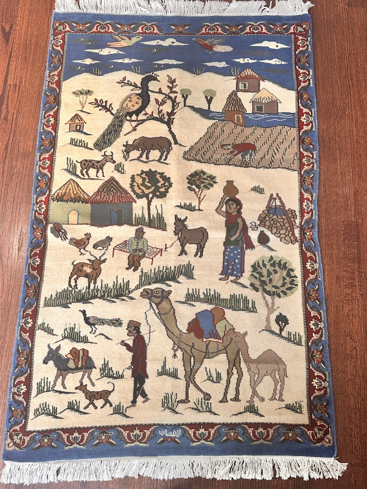67”X40” Hand Made Pictorial Village Life Wool Rug