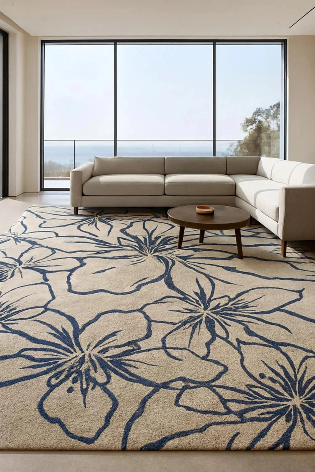 Hand Tufted Wool Rug: Flower Design Pattern Beige Blue Woolen Area Rug Carpet.