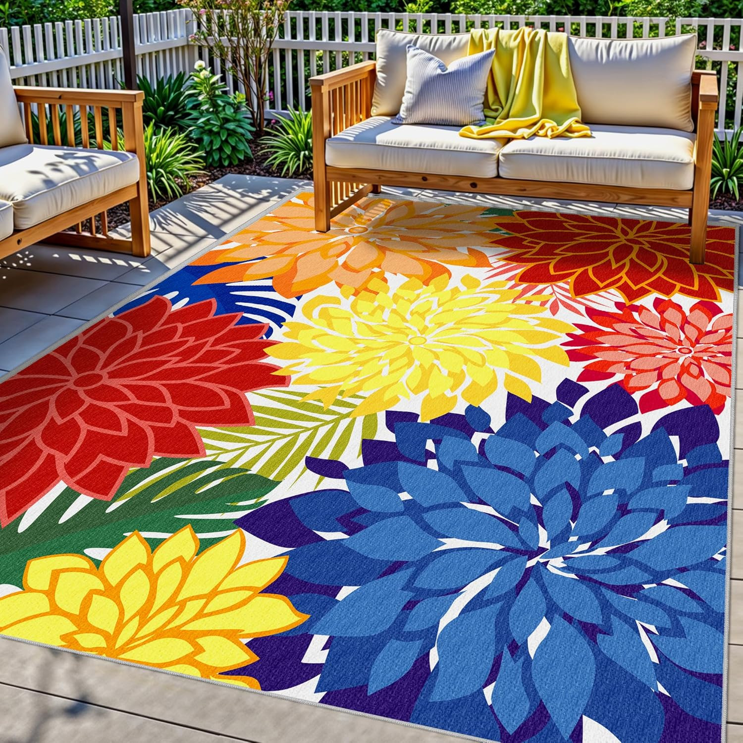 Washable Multicolored Indoor Outdoor Area Rug – Tropical Floral 5×8