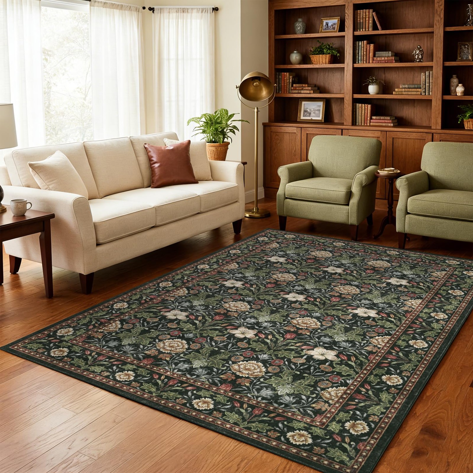 GarveeHome Green Washable Area Rug 5×7, Retro Floral Low Pile Non Slip Living