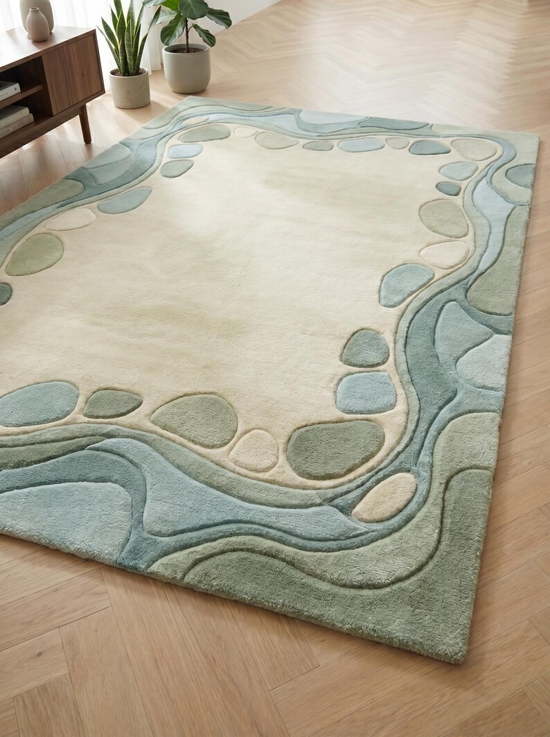 Hand Tufted Wool Pebble Border Rug Sage Green Modern Organic Area Rug