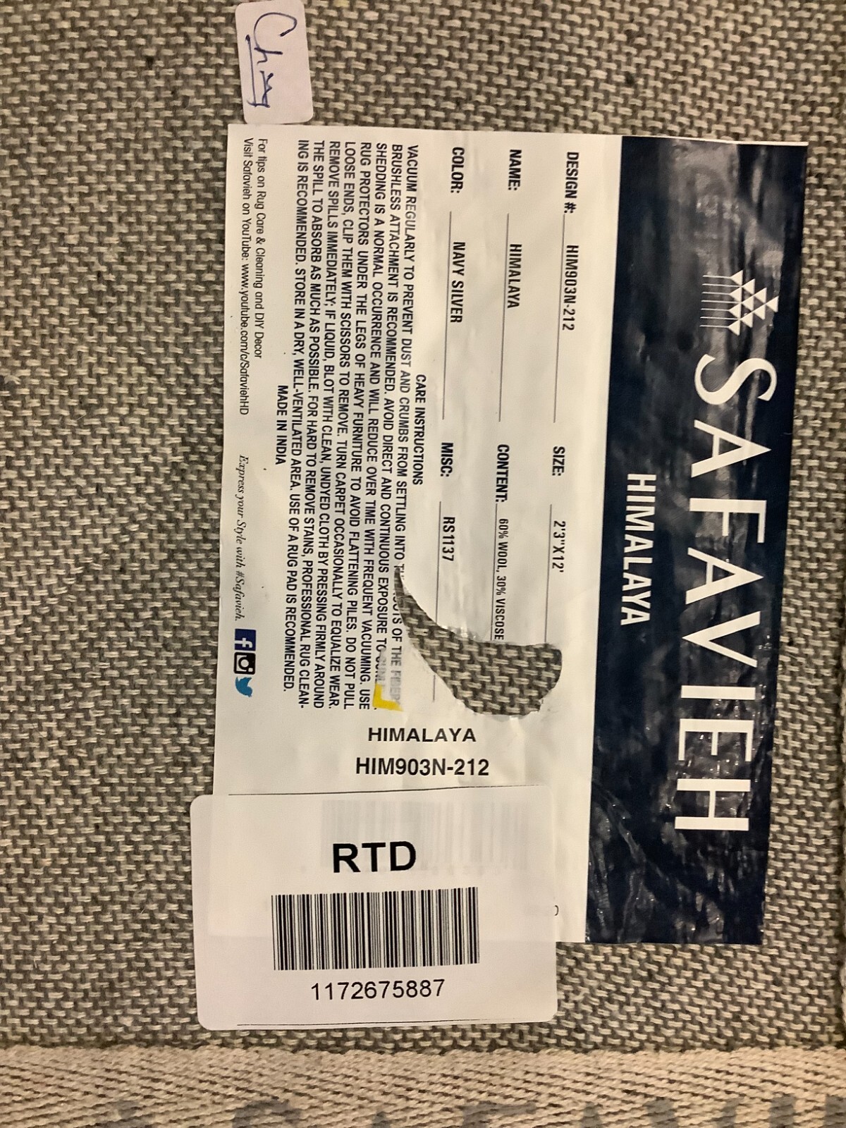 NAVY / SILVER 2′-3″ x 12′-0″ Back Stain Rug Reduced Price 1172675887 HIM903N-212