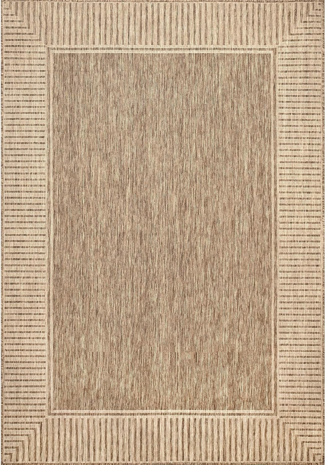 Asha Light Brown Bordered Indoor/Outdoor Rug – 5′ x 8′, Water & Stain Resistant