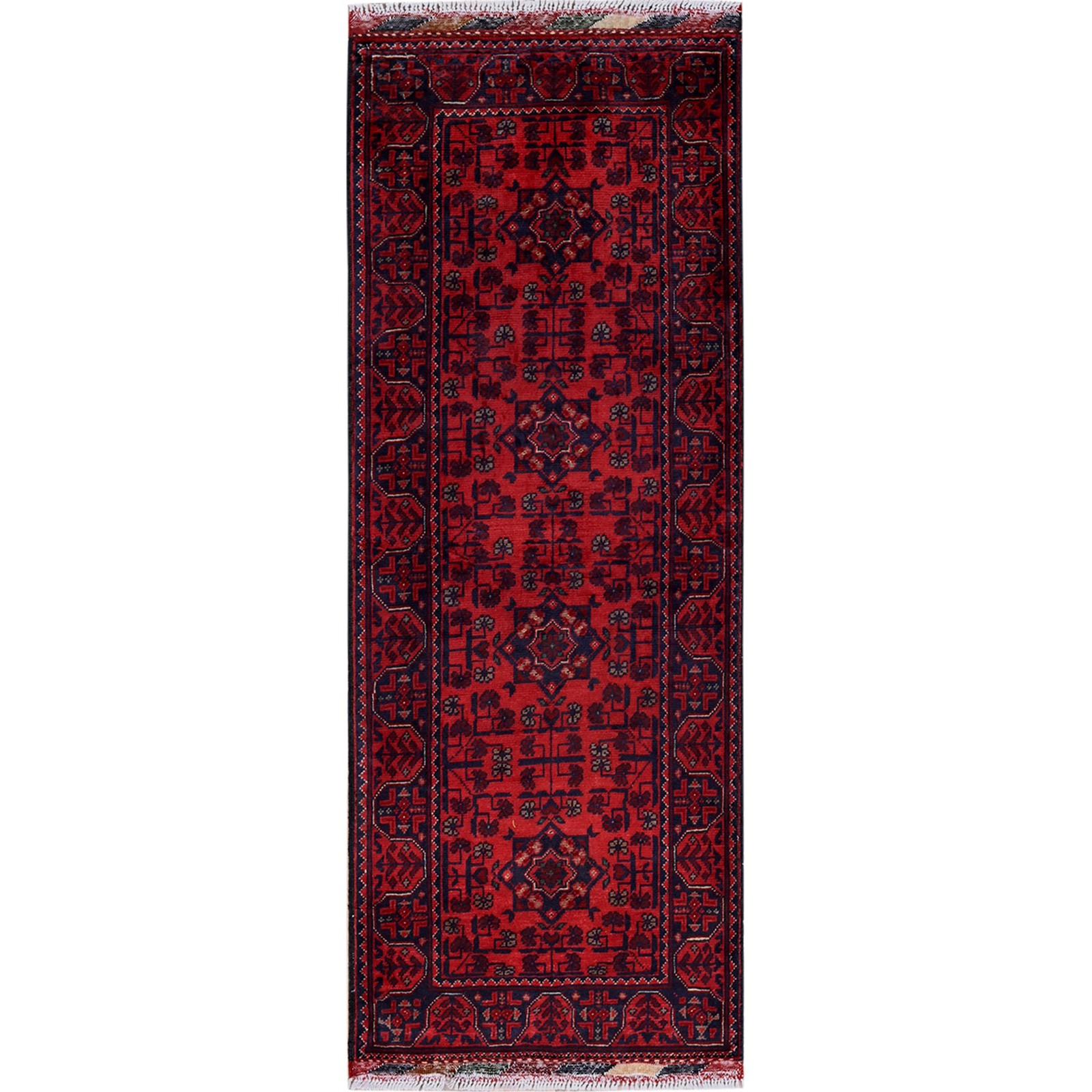 1’9″x4’9″ Red Afghan Khamyab Geometric Design Hand Knotted Wool Runner Rug R753