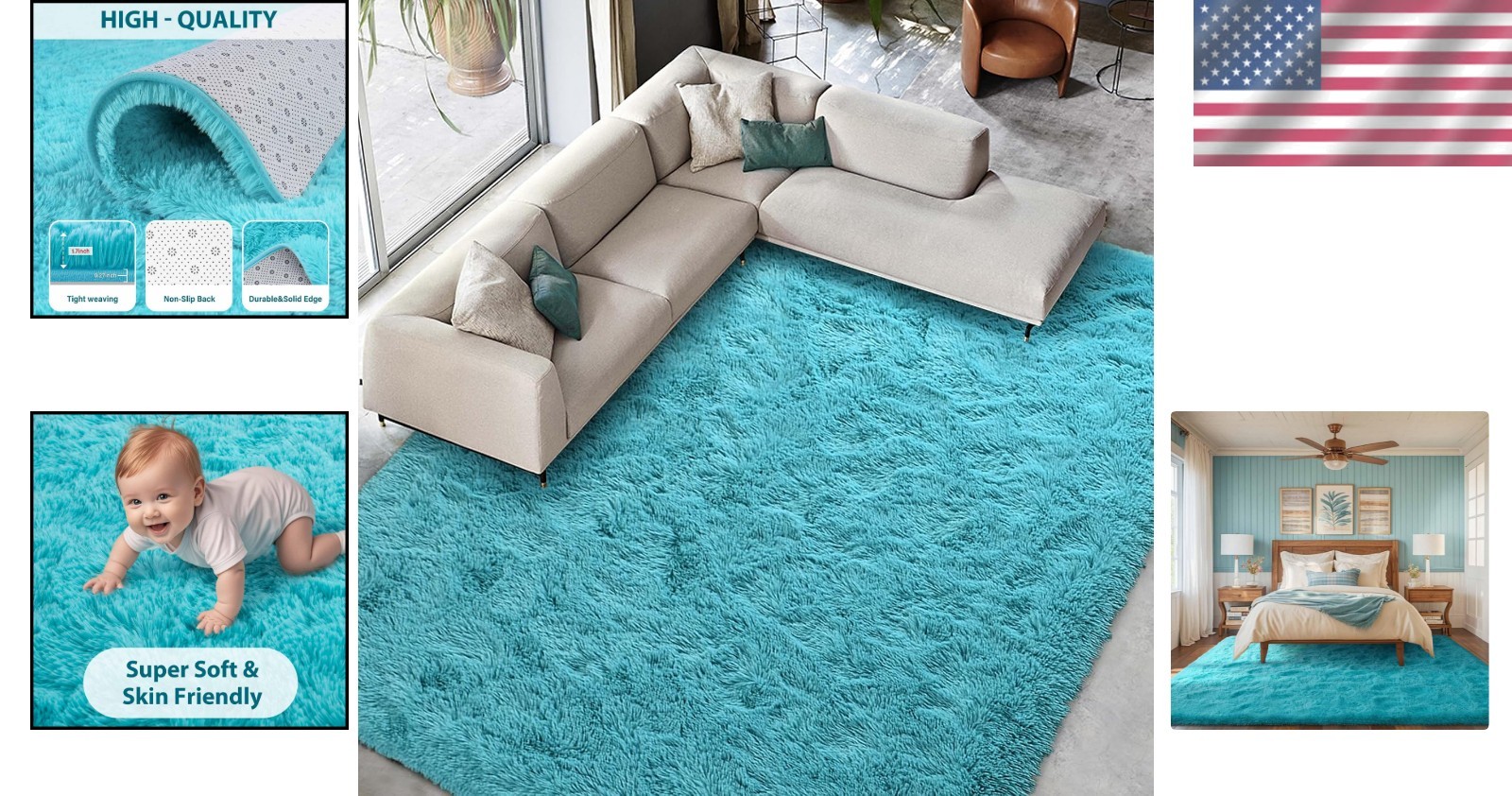 Blue Area Rug 9×12 Feet Plush Shaggy Non Slip Bedroom Living Room Decor