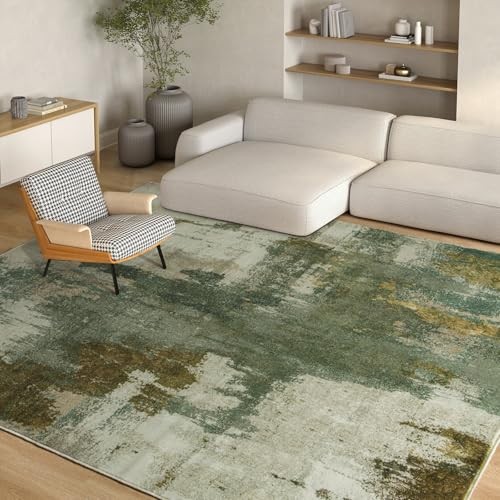 Living Room Rug, 8×10 Rug Modern Abstract Washable Rugs Green Faux Wool