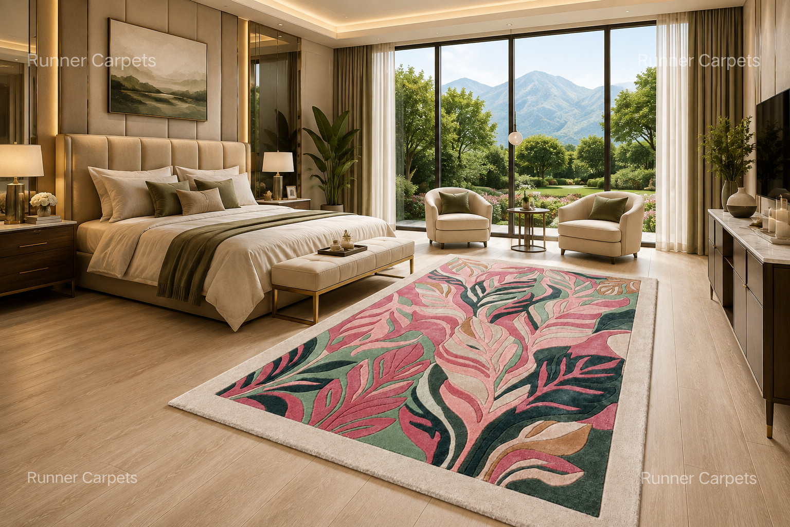 Botanical Tropical Leaf Area Rug Pink Green Modern Contemporary Floral Carpet