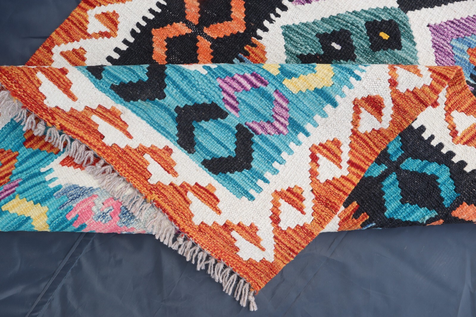 Afghan Handwoven Runner Rug 2’8×9’5 ft, Rich Purple Turquoise Kilim Hallway Rug
