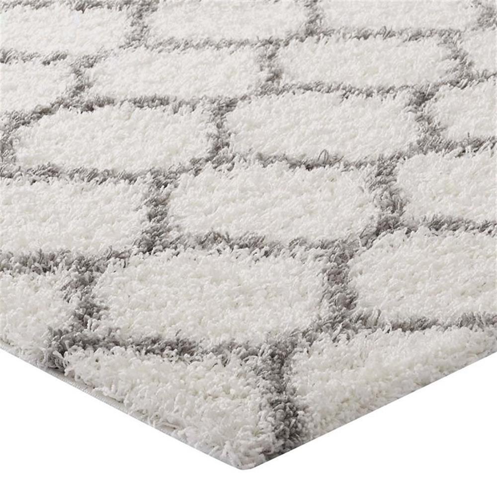 Modway Solvea 5′ x 8′ Moroccan Trellis Shag Area Rug in Ivory and Gray