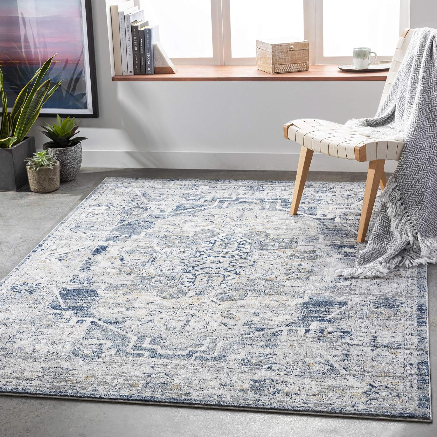 Raii Vintage Textured Area Rug, 9′ X 12′, Gray/Dark Blue