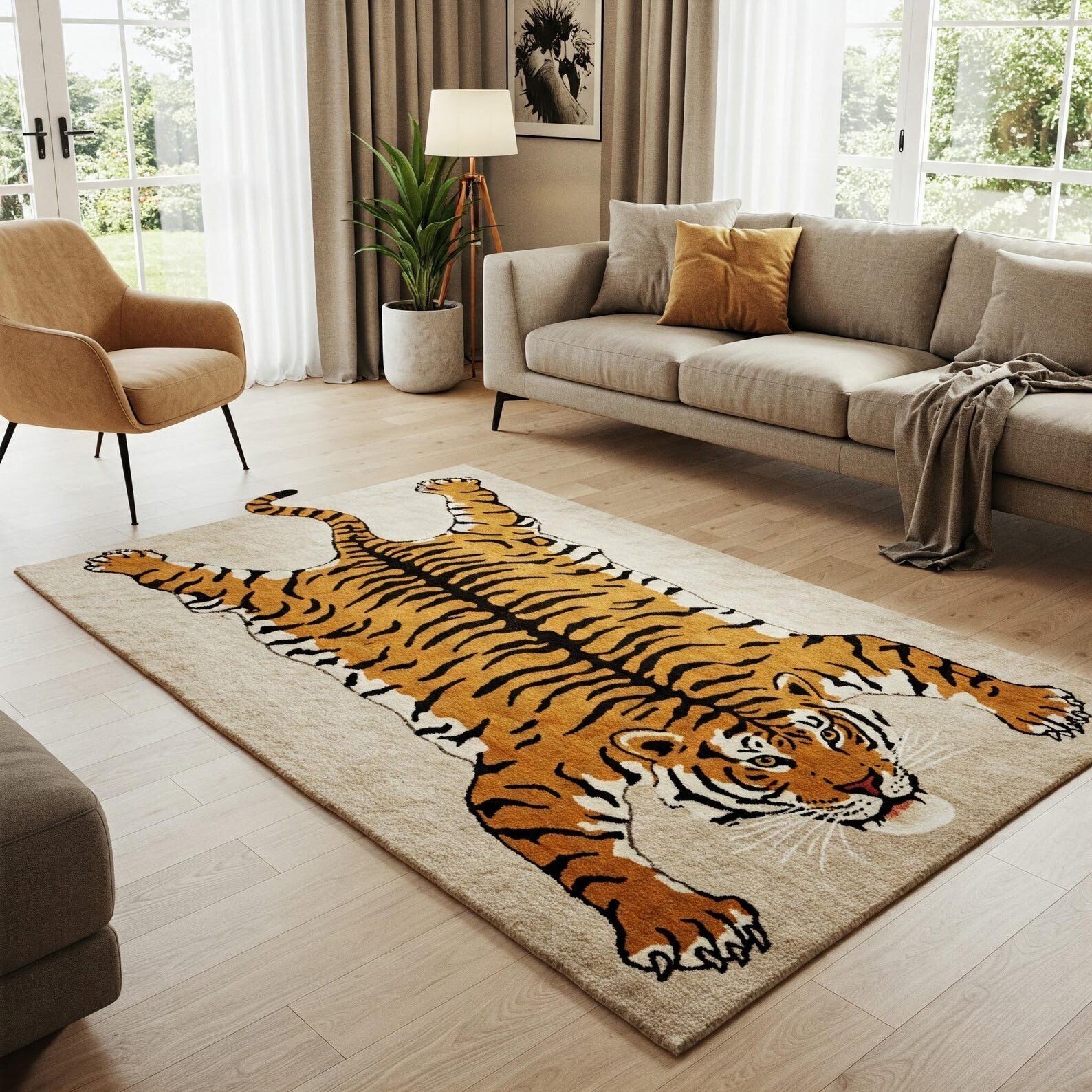Hand Tufted Print Area Carpet for Living Room or Bedroom Tiger Rug Bold Animal