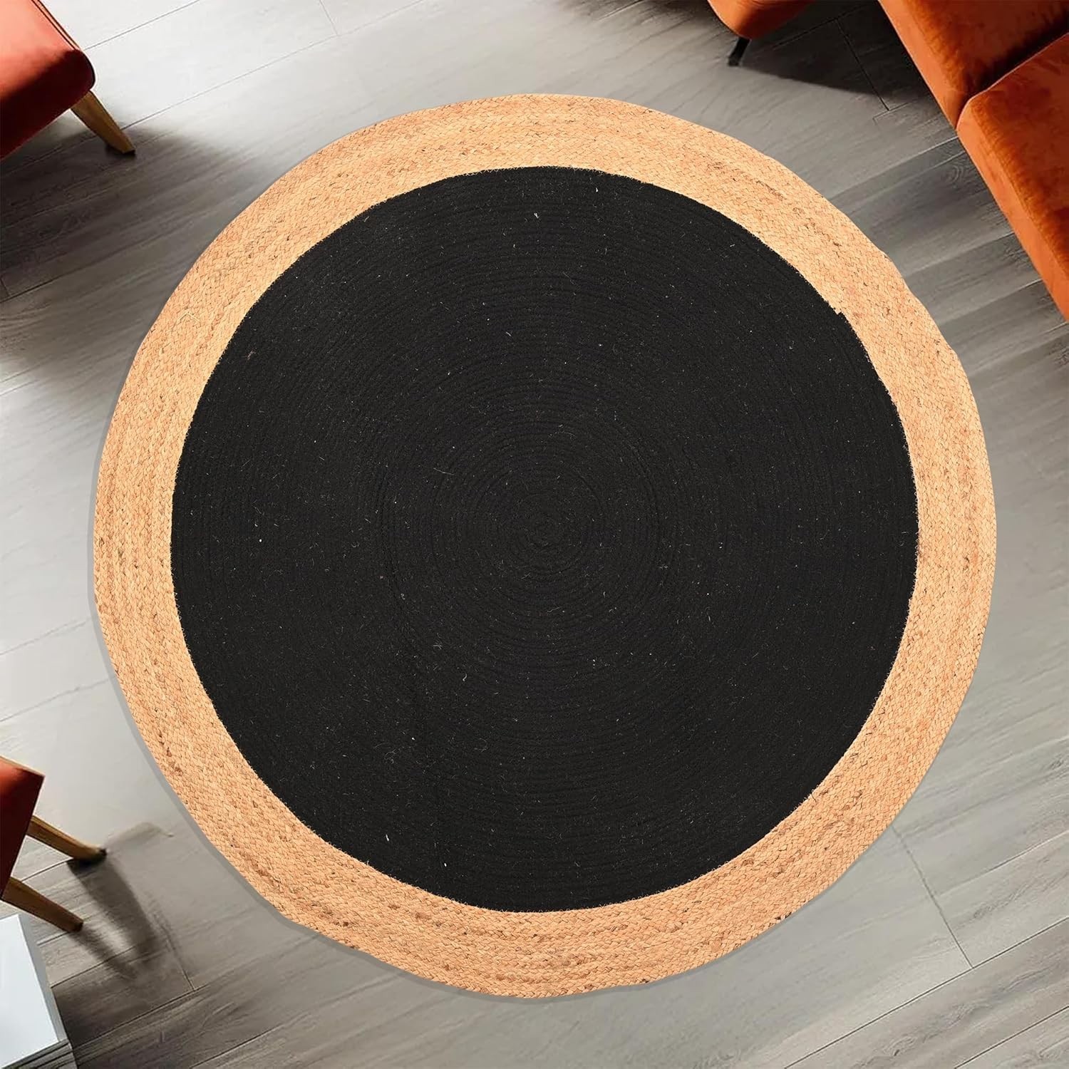 Hand Braided Jute Round Natural and Black Color Reversible Bedroom Guestroom Rug