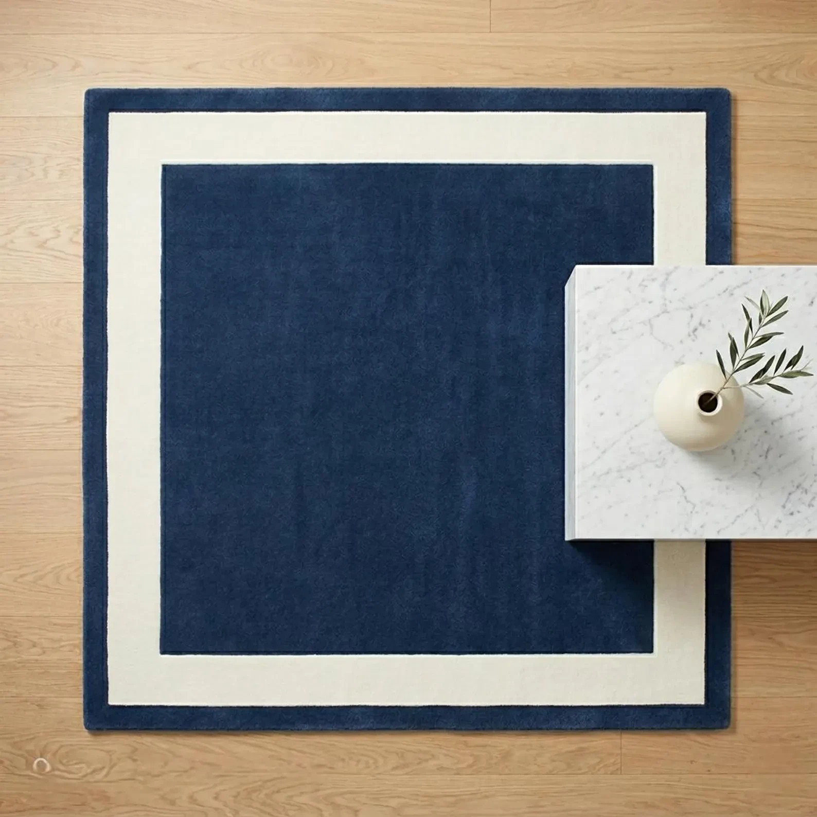 Navy Blue Border Area Rug | Handmade Wool Minimalist Carpet living room bed room