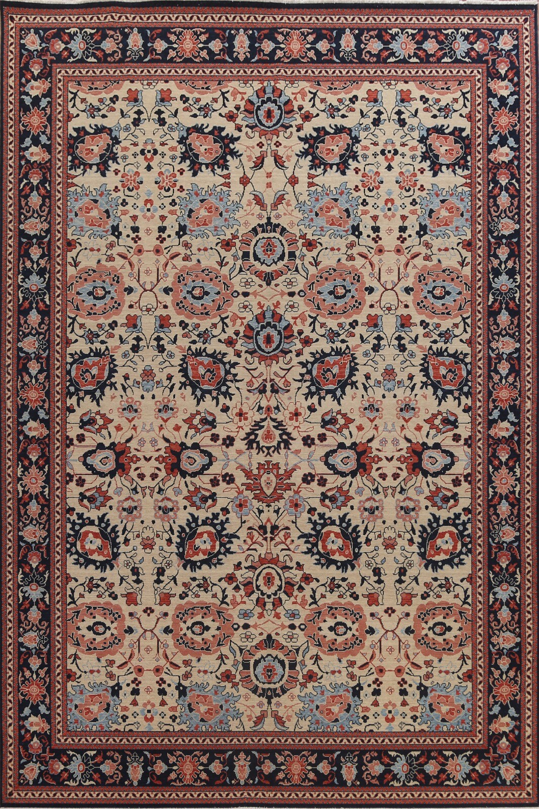 Floral Hand-knotted Ziegler Turkish 10×13 Area Rug Beige/ Navy Blue Wool Carpet