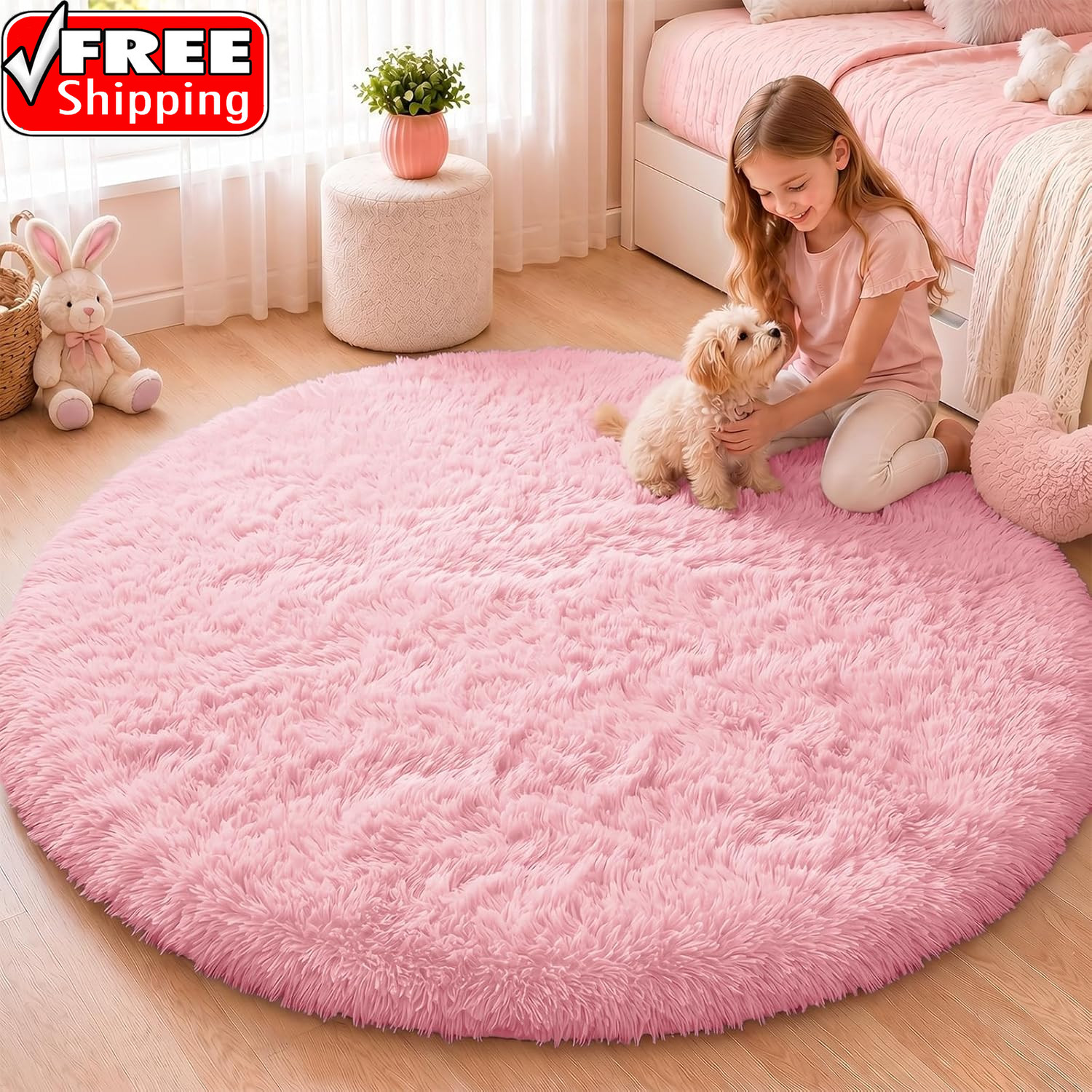 Pink round Rugs for Bedroom – Machine Washable, 4 Ft Circle Area Rugs for Living