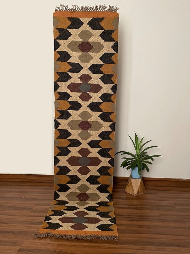 Wool Jute Rug, Vintage Kilim Rug navajo rug, tribal rug, southwestern rug Runner