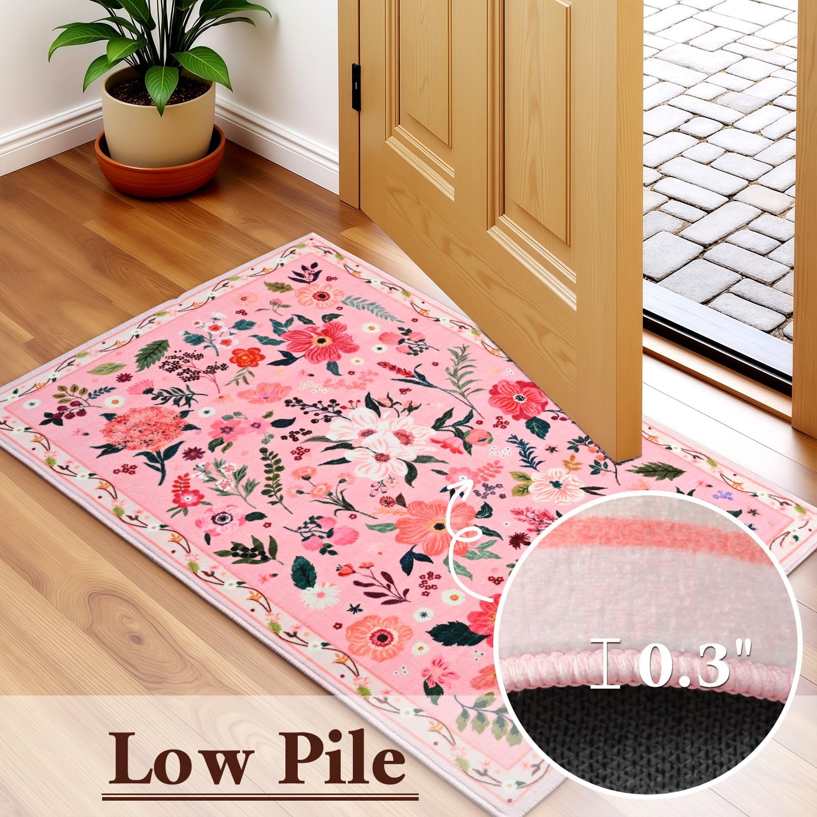 8×10 Pink Floral Area Rug for Living Room,Boho Machine Washable Ultra-Thin Ru…